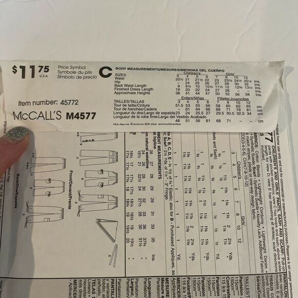 McCalls Pattern 4577 Sizes 7-12 Children & Girls Pants Sash Scarf 2004 - Picture 3 of 3